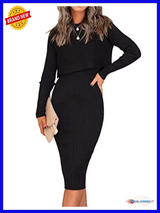 Dresses & Skirts - Long Sleeve Sweater Dress Set 2 Piece Crop Top Bodycon Midi Dress